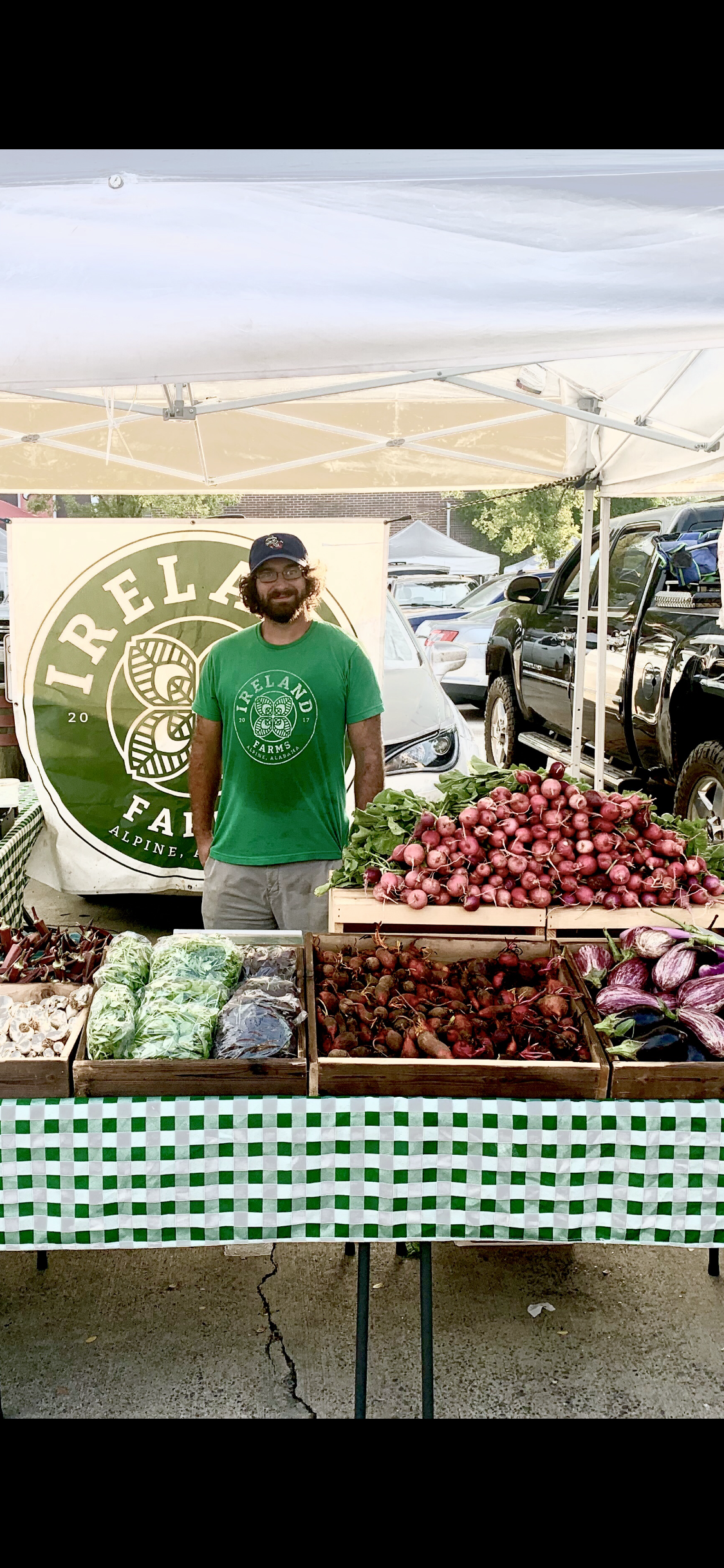 Farmer at a local market stand showcasing fresh produce, including radishes, lettuce, and eggplants, with a sign for Ireland Farms in Alpine, Alaska.